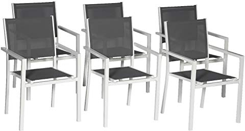 Happy Garden Lot de 6 chaises en Aluminium Blanc - textilène Gris