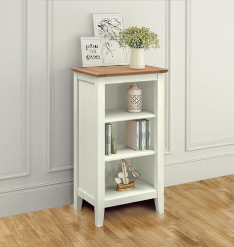 Hallowood Furniture Clifton Oak Painted Off White Small Bookcase, Solid Oak Wooden Narrow Bookshelf with 2 Adjustable Shelves, Light Oak Top Book Shelf for Bedroom, Home Office, Living Room