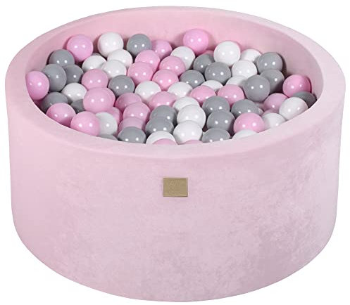 MEOWBABY Piscina de Bolas Velvet 90x40cm/300 Bolas ø 7cm para Bébé Redonda Bola de Plástico Blando Juguete para la Habitación de los Niños Made in EU Rosa Polvo: Rosa Pastel/Gris/Blanco
