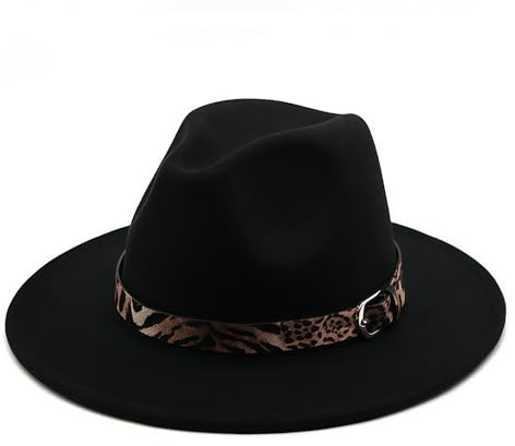 VASANA Fashion Classic Unisex Wool Blend Wide Brim Felt Fedora Hats Panama Trilby Hat Cap with Leopard Band Buckle Perfect for Men Women Wedding Party Talent Show Performance and Daily Headwear