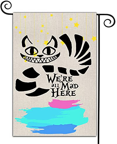Begrüßungs-Flagge, doppelseitig, Sackleinen, dekorative Hausflagge, We Are All Mad Here, personalisierte saisonale Hofflagge, Veranda, Terrasse, Outdoor, Jute-Flagge, Landhaus, Flagge, 32.5 x 45.7 cm