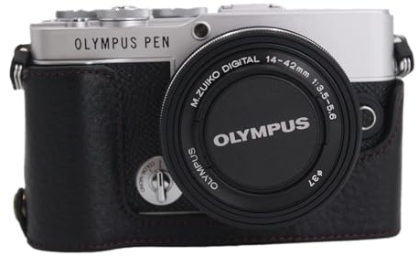 E-P7 Case, BolinUS Handmade Genuine Real Leather Half Camera Case Bag Cover for Olympus Pen E-P7 EP7 Bottom Opening Version + Hand Strap (Black)
