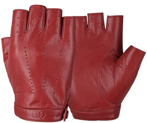 GSG SINCE 1998 Halbfinger Lederhandschuhe Damen – Fingerlose Fahrhandschuhe aus weichem Schafsleder, atmungsaktive handschuhe mit Druckknopfverschluss, Geschenkverpackung Rot XL