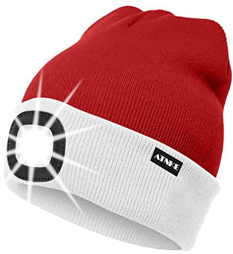 ATNKE LED Beleuchtete Mütze,Wiederaufladbare USB Laufmütze mit Licht Extrem Heller 4 LED Lampe Winter Warme Stirnlampe für Herren und Damen Geschenke/White/Red Christmas