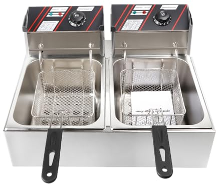 Freidora de patatas fritas freidora doble de acero inoxidable Freidora eléctrica comercial con tapa, cestas de acero inoxidable, rango de temperatura 60-200°C