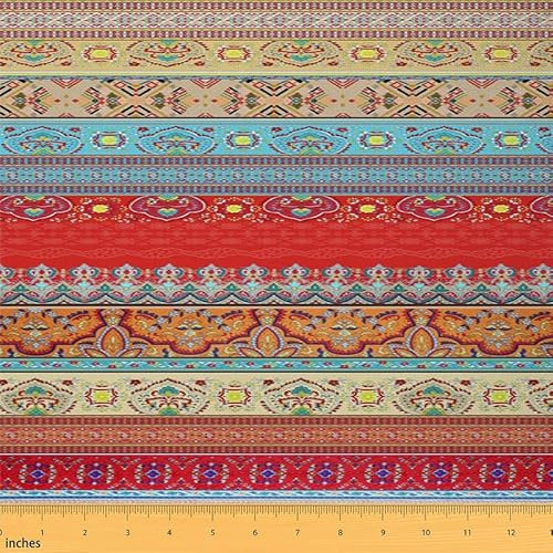 Feelyou Boho Geometrischer Stoff von The Yard, Bohemian Mandala Style Gestreift Polsterstoff für Stühle, Retro European Floral Dekostoff für Polsterung und Home DIY Projekte, 3 Yards, Rot Braun