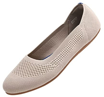 Puxowe Damen Ballerina Runde Zehe Stricken Flache Schuhe Komfort Weich Slip On Ballerina Walking Flats Schuhe für Frauen Niedriger Keil Lässig 36 EU Beige