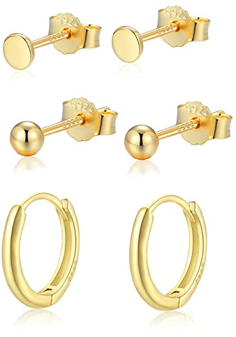 Candyfancy 3 Paar Ohrringe Set für Mehrere Ohrlöcher Silber 925 3er Ohrringe Set für Damen 10mm Creolen 3mm Klein Runde Kugel Ohrstecker Vergoldet