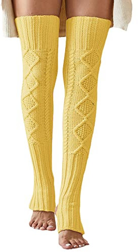 Leoparts Women's Extra Long Stirrup Leg Warmers Winter Knitted Over Knee Thigh High Footless Socks, Pastel Yellow, One Size