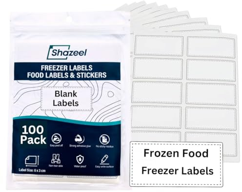 Shazeel Freezer Labels Easy Peel Off Blank Sheets 100 Pcs – Food Stickers 6x3cm Storage - Waterproof, Tear-Proof, Sticky & Long-Lasting Refrigerator, Freezer, Jars, White (FLB-100)