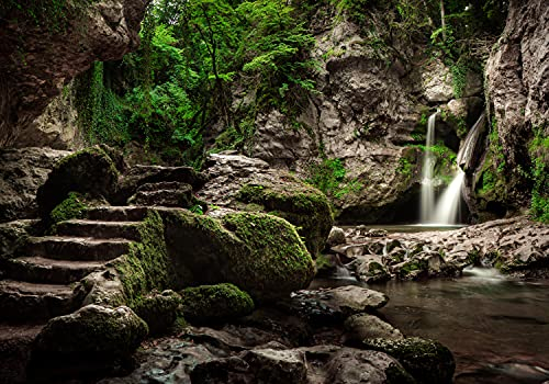 wandmotiv24 Fototapete Wasserfall Treppe See, 400 x 280 cm - selbstklebende Strukturtapete, Wanddeko, Wandbild, Wandtapete, Schweiz Steine Wald Bäume M6756