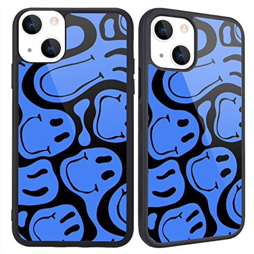 MAYCARI Cute Funny Blue Face Pattern Design Compatible with iPhone 14 Pro Case for Men Boys, Hard Back with 70's Retro Pattern Soft TPU Bumper Protective Phone Case