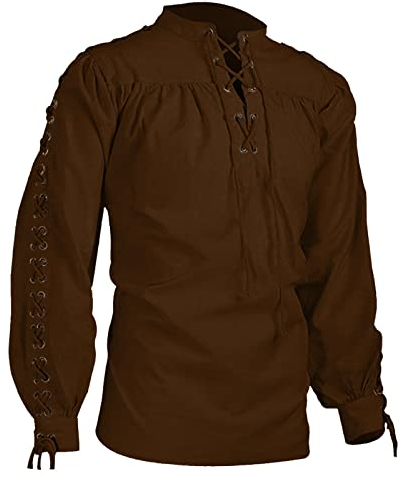 Leinen Hemden Herren, Römer Sommer Shirt Gothic Cosplay Vintage Mittelalter Hemd Wikinger Slim Fit Historische Kettenhemd Schwarz 4XL Ohne Kragen Piratenkostüm Sommerhemd