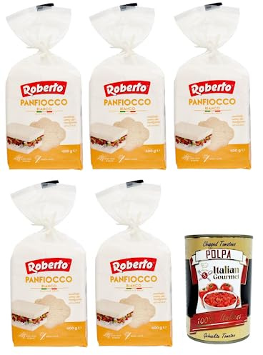 Italian Gourmet Panfiocco Bianco pane senza crosta, weiches Brot, 5 x 400g | Fette morbide e pronte; krustenlose Scheiben für Sandwich, Toast und Snack, Gesamtnettogewicht 2 kg + Kostenlos Polpa 400g