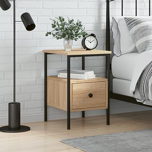 Higsose Nachttisch 34x36x50cm Sonoma-Eiche,Holzwerkstoff,Eisen,Wohnzimmer Regal,Kommode Schlafzimmer,Nachttisch Mit Ladefunktion,Beistelltisch Holz,Nachttisch Modern,Kleiner Tisch
