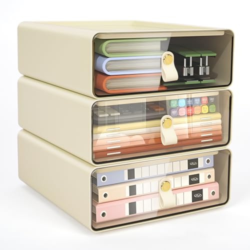 OSTWOLKE Schubladenbox Schreibtisch mit Schubladen Stapelbar 3 Stück, Schreibtisch Organizer Schubladen, Schubladenboxen, Büro Organizer Kunststoff für Bürobedarf, Heimaufbewahrung, Transparente Creme