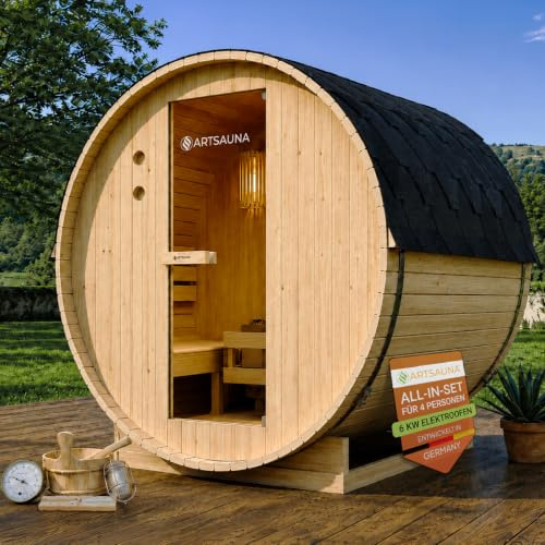 Artsauna Sauna da esterno a forma di botte Spitzbergen 180 per 4 persone - Forno da 6 kW, pietre per sauna e accessori - Botte sauna in legno di abete - Sauna da giardino