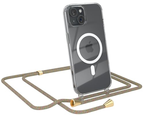 EAZY CASE - Handykette kompatibel mit iPhone 15 Kette zum Umhängen Stoßfest Handyhülle für iPhone 15 Silikon Hülle mit Band Handytasche Transparent als Fallschutz in Rainbow