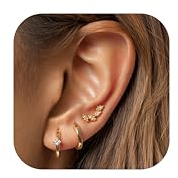 JeweBella 3 Paar Ohrringe Silber 925 für Damen Mädchen - Hypoallergen 14K Vergoldet Creolen Blatt Schmetterling Zirkonia Ohrstecker Klein Schlafen Knorpel Set