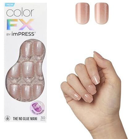Kiss imPRESS No Glue Mani Pres On Nails, Color FX, Starstruck, Beige, Tamaño corto, Forma Squoval, 30 uñas, Prep Pad, Página de Instrucciones, Incluye 1 Lápiz de Manicura, 1 Mini Archivo
