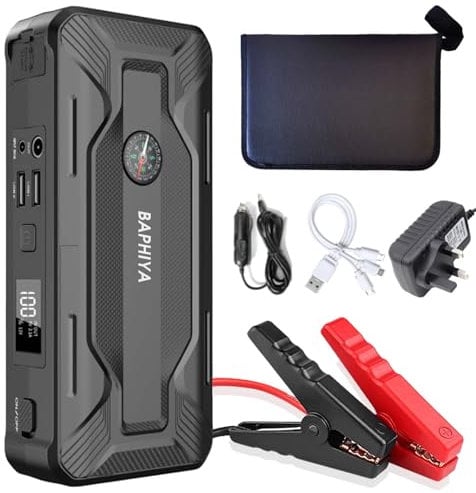 BAPHIYA Jump Starter Power Pack-J20, 2000A Peak 12V Car Battery Booster Jump Starter for up to 6L Gas/4L Diesel, Portable Powerbank with 3 USB Cables and Car Charger, 4 LED Modes& LCD Digital Display