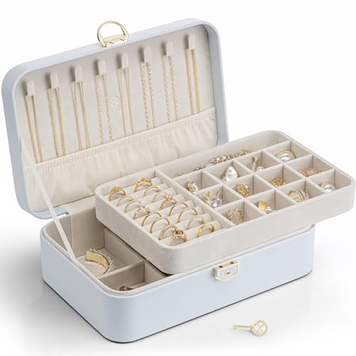 Vlando Schmuckkästchen für Damen und Mädchen, abschließbare Schmuckschatulle mit 2 Ebenen, Ohrring-Halskette, Ring-Aufbewahrung, Geschenk-Box-Verpackung, Hochzeit, Geburtstag, Geschenkideen, Blau