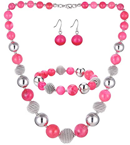 FULU AUTUMN 3 Pcs Parure de Bijoux Collier de Perles Grosses Bracelet et Boucles d'Oreilles Cadeau d'Anniversaire pour Femme(Hot Pink)