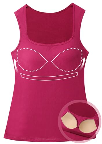 ANYFITTING Top mit Integriertem BH Damen Geripptes Tank Top Unterhemd BH Hemd Basic Trapezförmiger Kragen Shirt mit Integriertem BH Ärmellose Basic Tank Top für Frauen Wide Strap Yoga Rose M