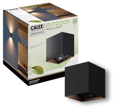 CALEX Volterra Wandleuchte, für Außen & Innen, warmweißes Up & Down Licht, Akku aufladbar mit USB-C, kabellos, Bewegungsmelder, wasserdicht, Schwarz