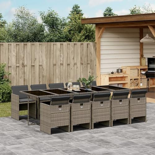 Gecheer 11-TLG. Garten Essgruppe, Terrassenmöbel Set 10 Personen, Sitzgruppe Outdoor, Esstisch mit Stühle, Gartenmöbel Set, Kissen, Poly Rattan Grau