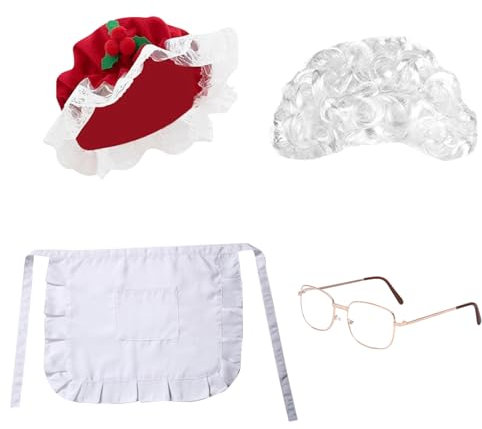 Lezevn 4pcs Christmas Mrs Claus Costume Set Santa Claus Mop Lace White Trim Cap Gold Glasses White Apron Wig for Christmas Party New Year