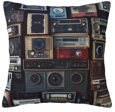 EVANEM Vintage Wall Of Radio Boombox Plüsch-Kissenbezug, mehrfarbig, weich und bequem, geeignet für Sofa, Schlafzimmer, Autokissen, versteckter Reißverschluss