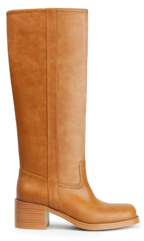 Gothictor Women's Brown Knee High Boots Square Toe Chunky Block Heel Comfortable Low Heel Pull on Wide Calf Riding Shoes for Women 8