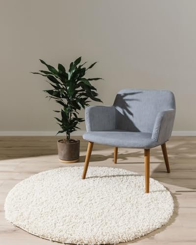 benuta Basic Hochflorteppich Teppich Wohnzimmer Sohari - Creme 80 cm Rund - Minimalistischer Look - Weich & Waschbar - Für Schlafzimmer, Flur oder Esszimmer - Geeignet für Fußbodenheizung