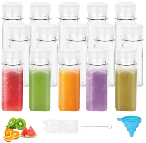 15 Stück Shot Kleine Flaschen zum Befüllen 60 ml Smoothie Flasche Ingwer Shot Flaschen Saftflaschen Plastikflaschen zum Befüllen Mini Leere Kleinsche Fläschchen mit Auslaufsicheren Deckeln Trichter