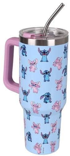 Disney Stitch and Angel Großer Thermobecher mit Deckel und Metallstrohhalm, Edelstahl, Reisebecher (Blau-rosa)