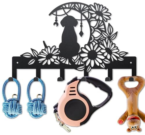 MAYJOYDIY Porte Clés Mural en Forme de Chien Lunaire 40 x 25cm Motif Marguerites et Feuilles en Métal avec 6 crochets pour Entrée Couloir Cuisine Bureau