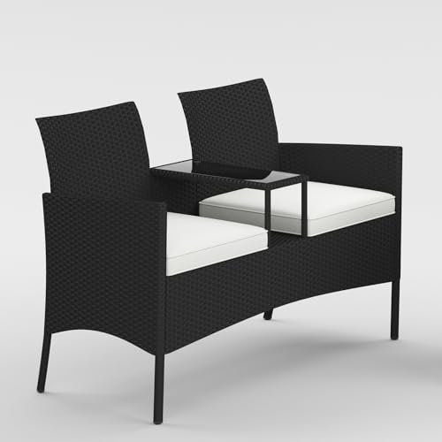 GYMAX 2-Sitzer Polyrattan Gartenbank, Gartenmöbel mit Glastisch & 2 weichen Polstern, Stabile Rattan Sitzbank 360 kg Belastbarkeit, Balkonmöbel für Terrasse, Garten (Schwarz+Weiß)