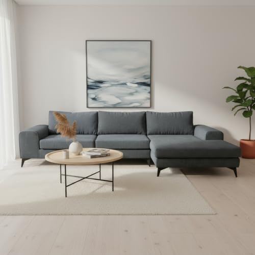 Abakus Direct | Venice Corner Sofa – Modern L-Shaped Sofa with Basket Weave Fabric, Scatter Back Cushions, Left or Right Hand Facing – Available in 9 Colours (Blue, Right Hand Facing)