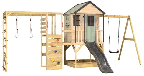 Wendi Toys M50-G Stelzenhaus mit Rutsche, Schaukel, Kletterturm aus FSC-Holz, Spielhaus Kinder Outdoor mit Plattform 90/120 cm, Kletterwand, Kletternetz, Sandkasten, 342×508×242 cm