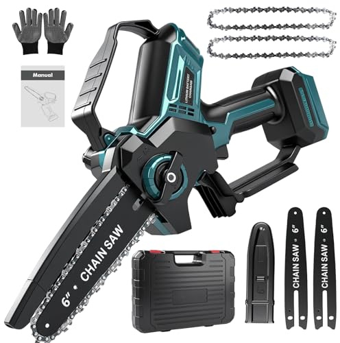 Mini tronçonneuse électrique sans fil de 6 inch, petite scie à chaîne portable Avec Huilage Automatique, Moteur Sans Balais, 2 Chaînes De Rechange pour la coupe du bois