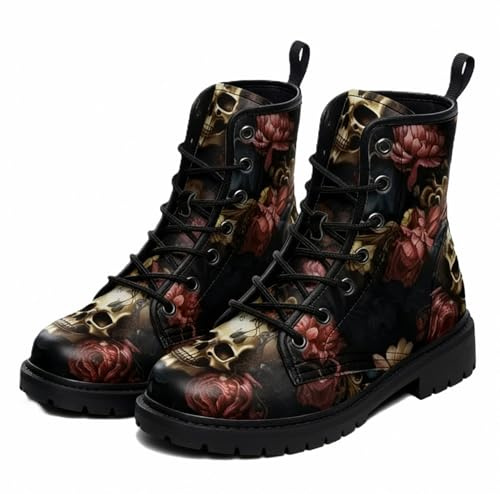 Maimeili Stivaletti alla caviglia donna stampati con fiori, rose e teschi – Stile casual colorato con plateau in pelle, perfetti per viaggi, quotidianità, feste, Halloween e Natale