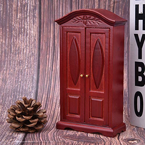 Generic Puppenhaus Vintage Holzschrank mit Doppeltür, Kleiderschrank, Antike Mini-Möbel für Puppenhaus-Sammler Im Maßstab 1:12, Braun (Wine RED)