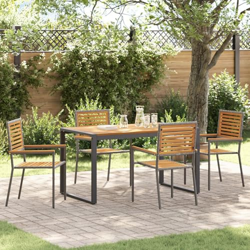 SKTQYQO 5-teiliges Gartenmöbel-Set aus Poly-Rattan, Akaziengrau, mit stapelbaren Stühlen und Kissen, 2 Stück, Grau Rattan, Tisch und Stühle für den Außenbereich aus Metall und Holz