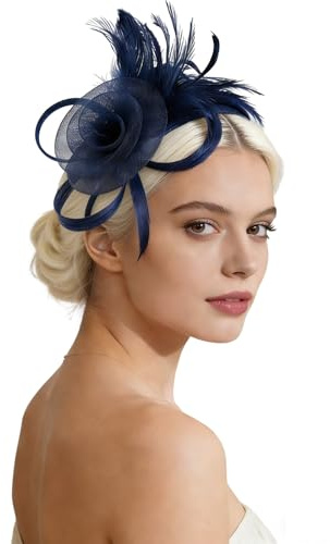 Fascinator for Women – Floral Mesh Wedding Guest & Tea Party Headpiece, Detachable Feather Hair Clip & Headband, Gift Ready Women's Accessor (Navy blue)