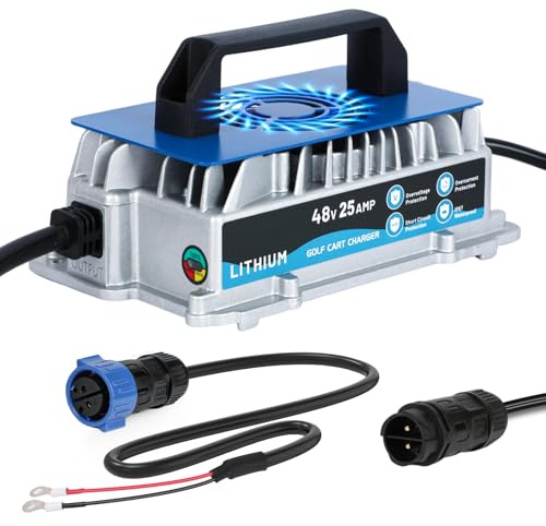 48V Lithium Battery Charger, 58.4V 25A LiFePO4 Charger, IP67 Waterproof 1250W 48V LiFePO4 Battery Charger with Cooling Fan, Suitable for Golf Cart,Boat, Forklift,RV,Solar