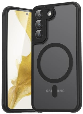 Techsuit für Samsung Galaxy S22 5G Hülle mit Matt Finish, Magnetring Kompatibel, Luftkissen Ecken, Erhöhte Kanten, Kameraschutz, Anti Fingerabdruck, PureFrost Magnetic Series, PC TPU Hybrid, Matt Schw