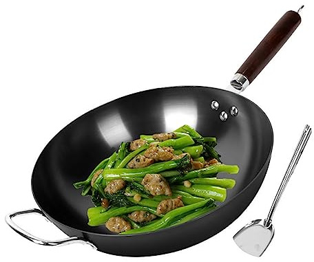 WBDWWTD Wok Pan Stir Fry Set for Kitchen, Non-Coating Iron Wok Chinese Traditional Handmade Wok with Wooden Handle for Gas Cookware,34cm,Glass Lid (32cm glass Lid)