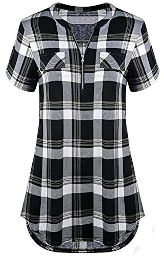 Odosalii Chemisier à carreaux, pour femme, avec un col en V, des manches longues et retroussables en 3/4, une fermeture éclair, haut,tunique, long t-shirt, Carreaux noirs - Manches courtes., XXXL