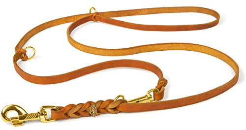 CopcoPet Hundeleine aus Fettleder 2m x 10mm Cognac – 3-Fach verstellbar, geflochten – Mit Messingbeschlägen – Grifffest, robust – Umhängeleine für kleine Hunde, ideal für Spaziergang, Training